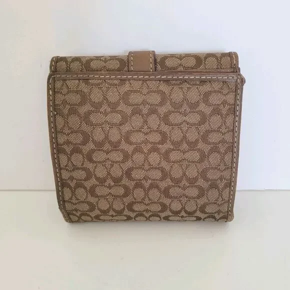 Coach Wallet Canvas Leather Signature Bifold 4x4 Small Brown Compact Logo Buckle - Picture 2 of 10